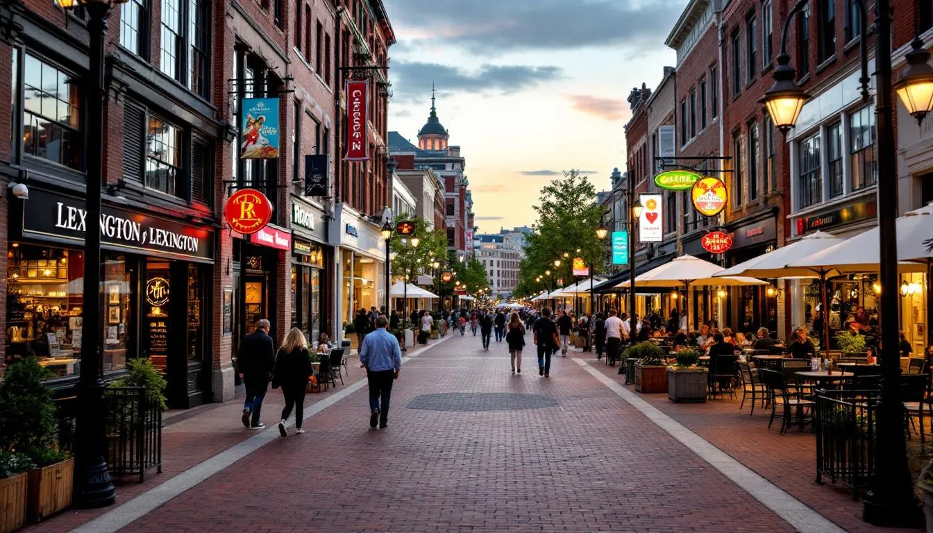 In the heart of Lexington, Kentucky, this image showcases a vibrant scene along High Street featuring local restaurants, major retailers, and entertainment options near the Central Bank Center and Lexington Opera House, all within walking distance of Rupp Arena. The area is a hub for dining and shopping, making it an ideal location for visitors staying at nearby hotels.