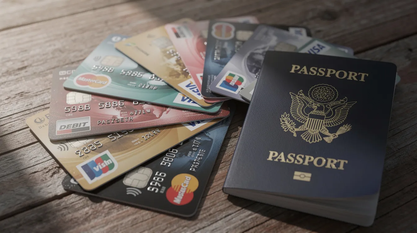 A row of various international debit cards is fanned out on a wooden table next to a passport, highlighting the options available for withdrawing cash abroad. These cards are essential for accessing cash at ATMs in Spain, allowing travelers to manage foreign transactions and avoid high fees associated with currency conversion.