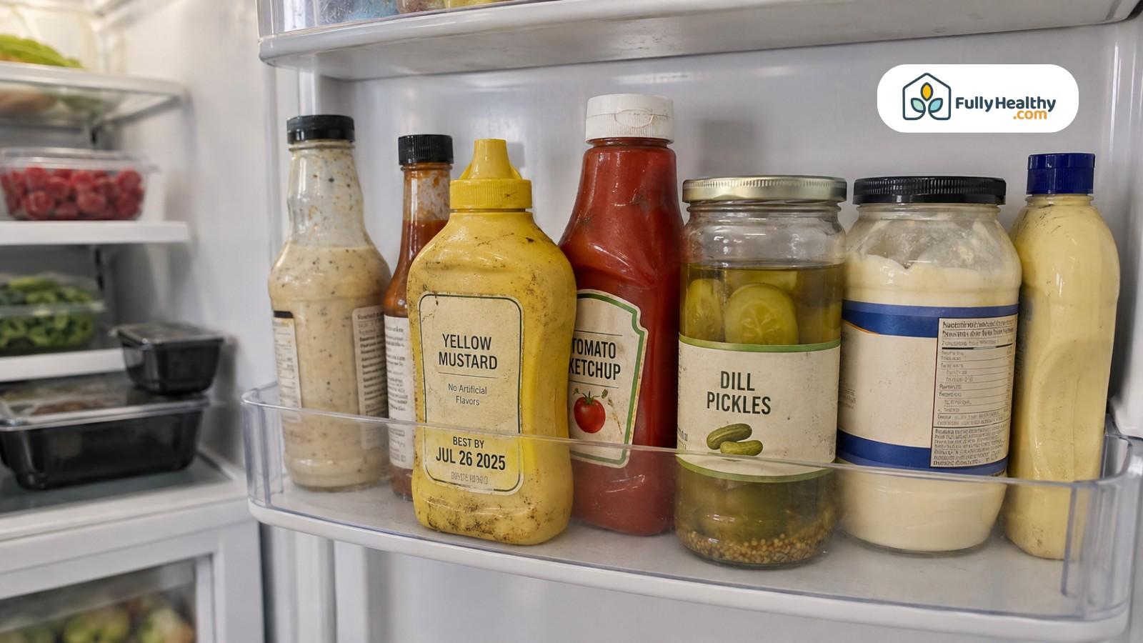 Refrigerator shelf holding mustard ketchup pickles and other opened condiments