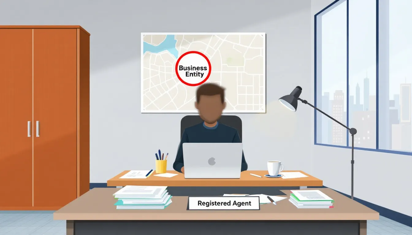 An illustration depicting the concept of a registered agent, with a blurred figure representing a registered agent in an office setting.