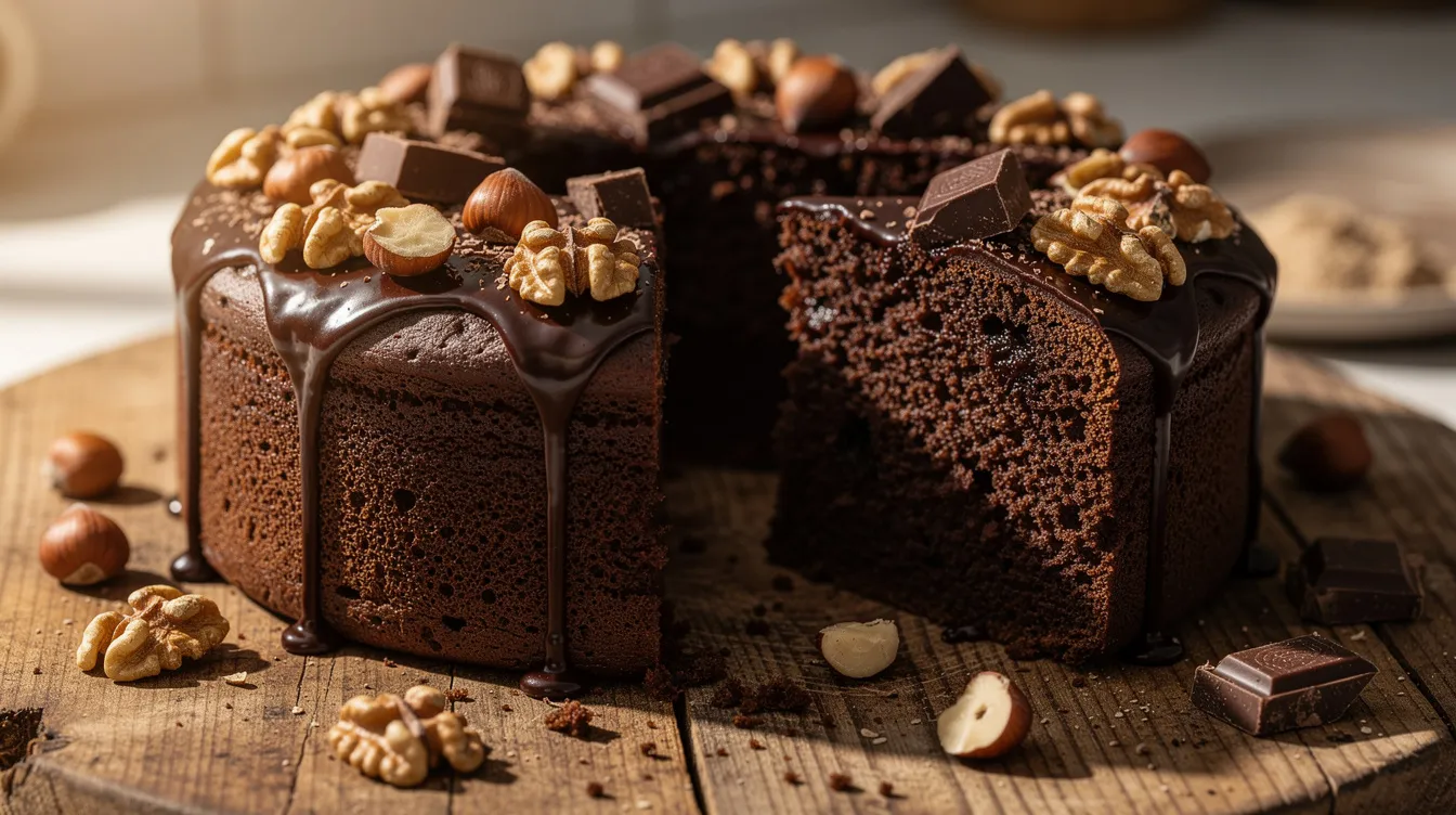 Ein saftiger Schokoladenkuchen liegt auf einem Holzbrett, dekoriert mit Nüssen und Schokoladenstückchen. Dieser köstliche Kuchen könnte eine interessante Variante eines Space Cakes sein, der in der Cannabis-Kultur beliebt ist.