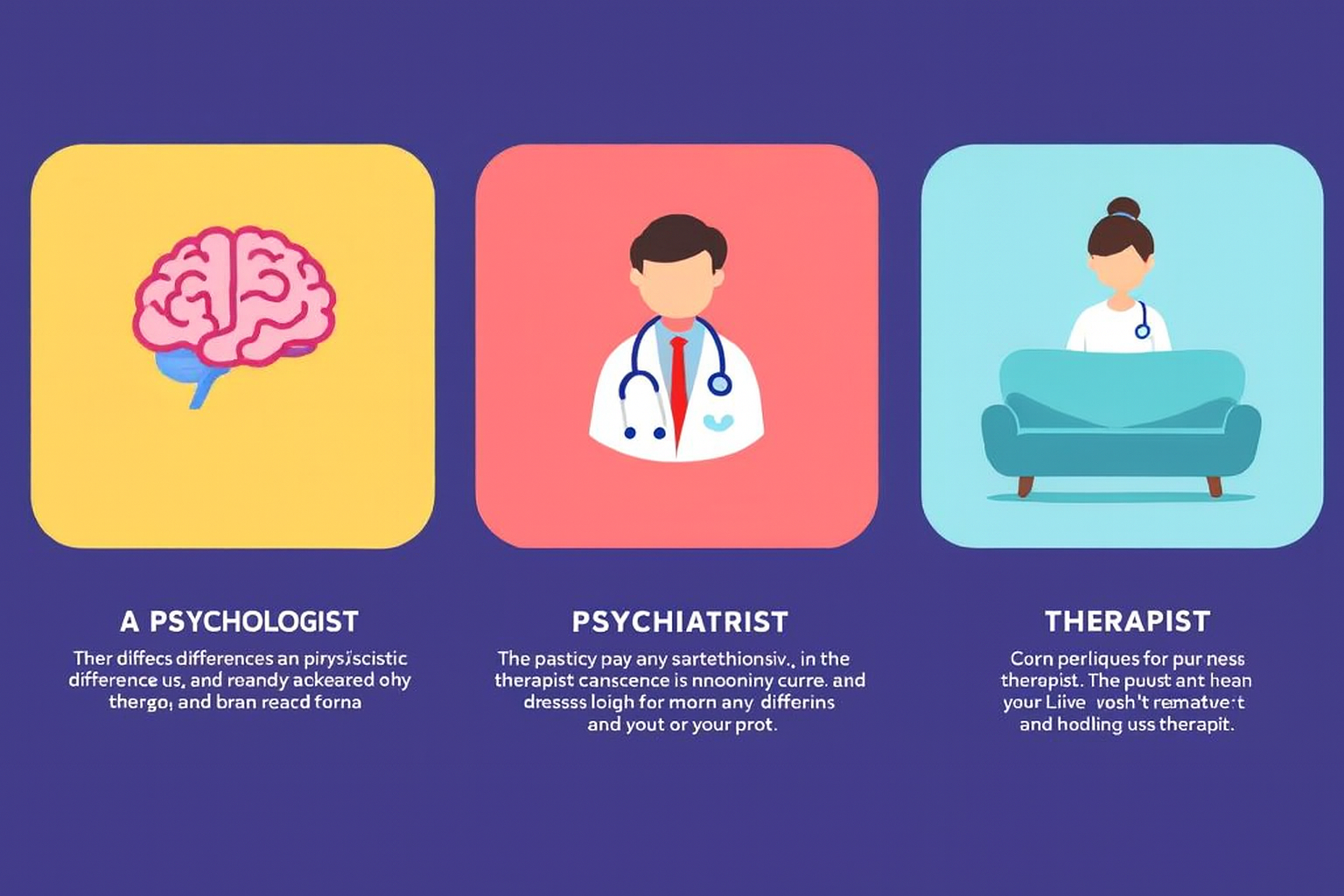 An illustration showing the difference between psychologist, psychiatrist, and therapist.