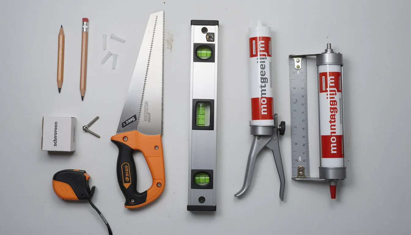 Een assortiment gereedschap ligt klaar voor de montage van wandpanelen, waaronder een waterpas, zaag en montagelijm. Dit is de ideale oplossing voor het eenvoudig en duurzaam installeren van panelen in verschillende ruimtes.