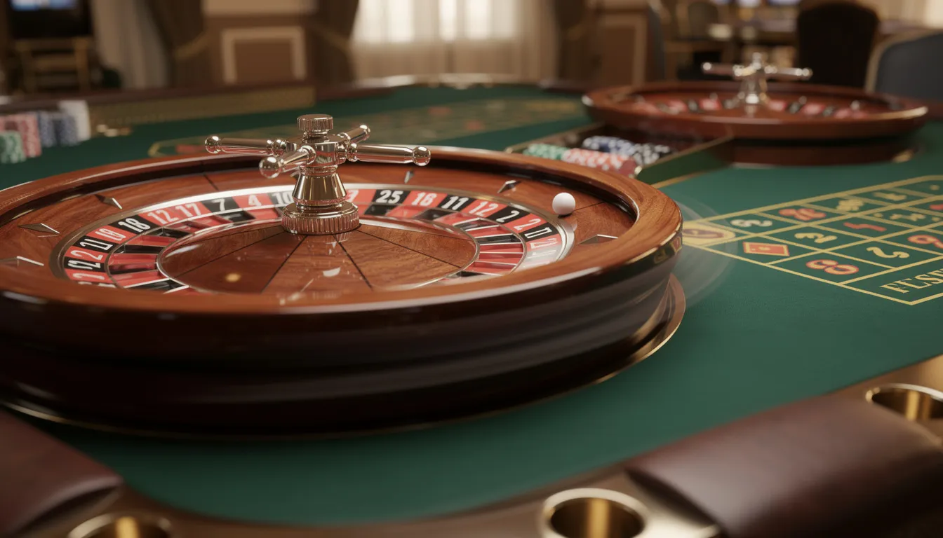 En snurrande roulettehjul med en boll i rörelse på ett professionellt casino bord, vilket skapar en spännande atmosfär för spelare som vill uppleva live casinot hos premier live casino. Hjulet är fullt av färgglada nummer och ger en känsla av förväntan och nöje.
