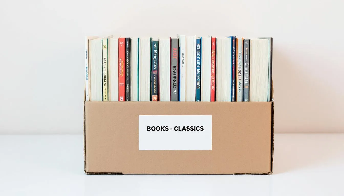 In the image, a small cardboard box is filled with books packed spine-up, showcasing a neat packing process. Each box is properly labeled, indicating careful organization and preparation for the upcoming house move.