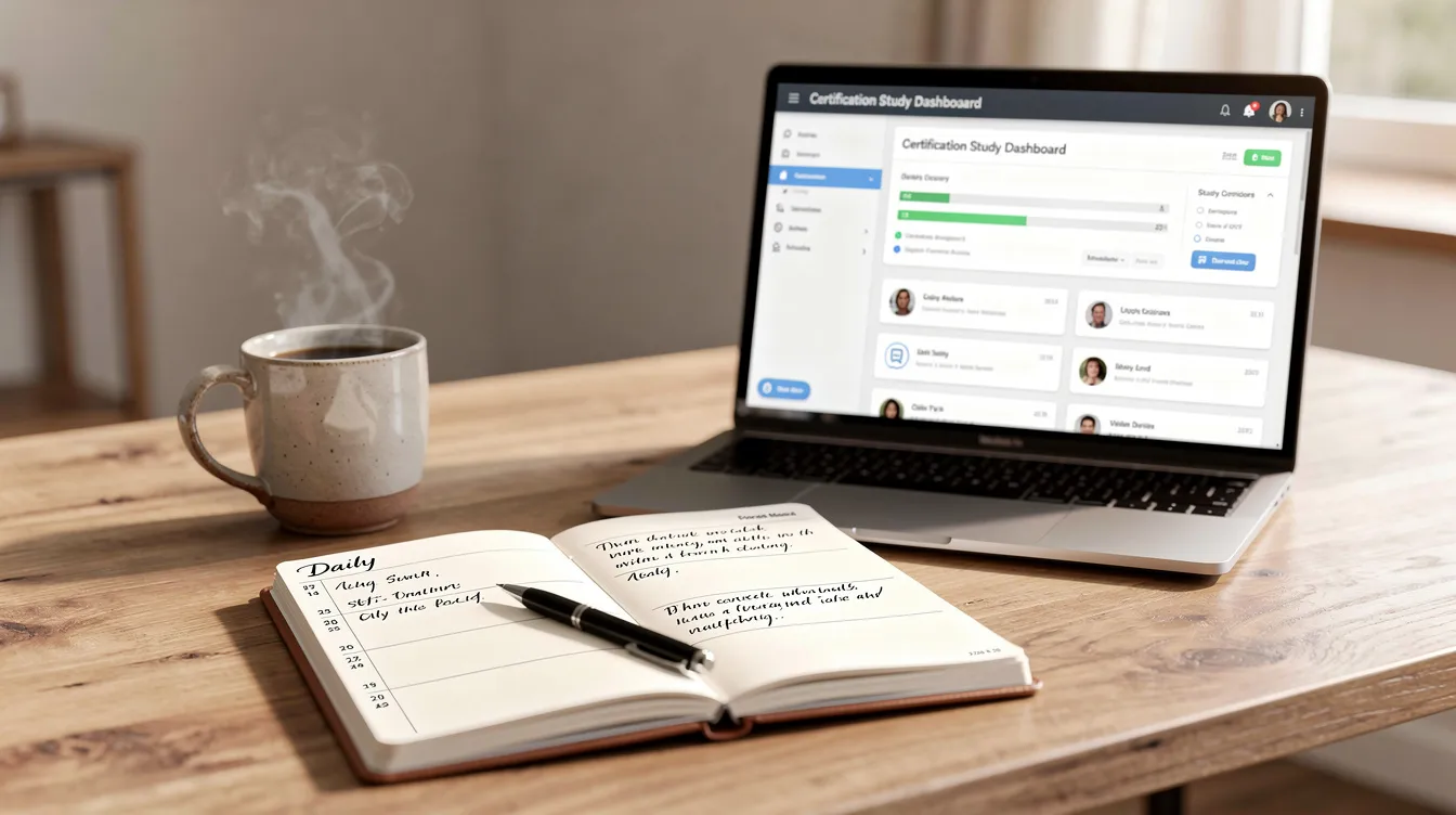 An open planner sits on a desk next to a laptop displaying a certification study dashboard, with a coffee mug nearby. This scene reflects the preparation and organization essential for cybersecurity auditors as they evaluate security controls and manage cybersecurity risks.