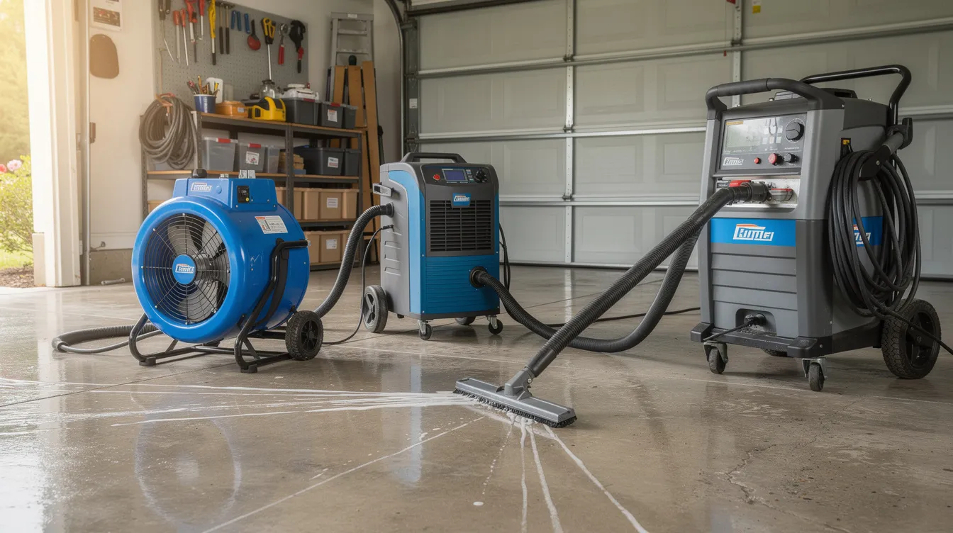 The image shows professional restoration equipment actively removing standing water from a garage floor, highlighting the water removal process essential for preventing further damage and mold growth. Certified restoration experts are using specialized tools to ensure a complete recovery for Houston residents affected by flood damage.