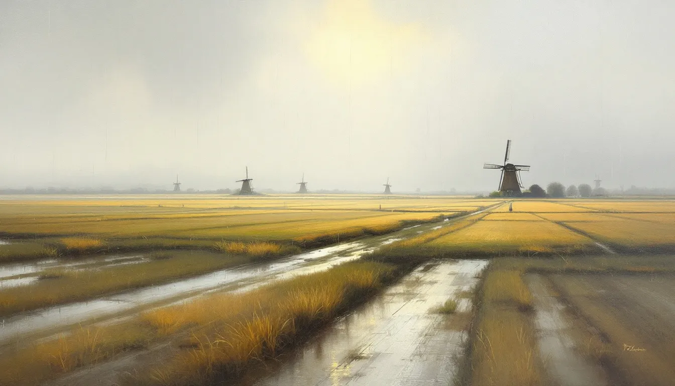 Rain falling on a typical Dutch landscape, illustrating rainfall and precipitation.
