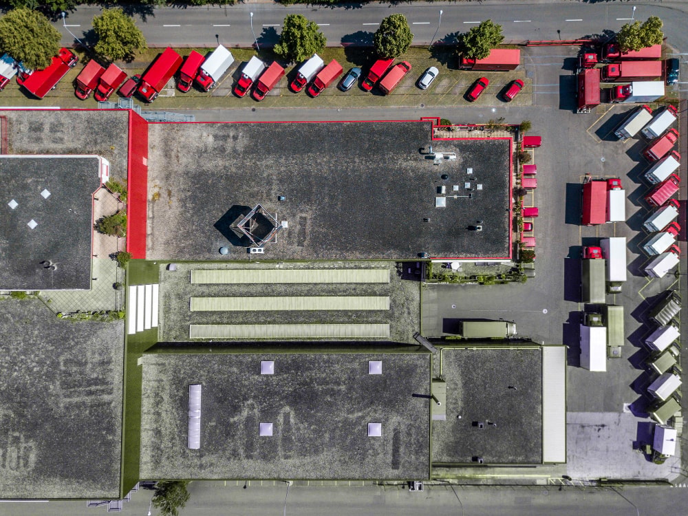 High angle view of a warehouse that's covered by IP paging and emergency notifications.