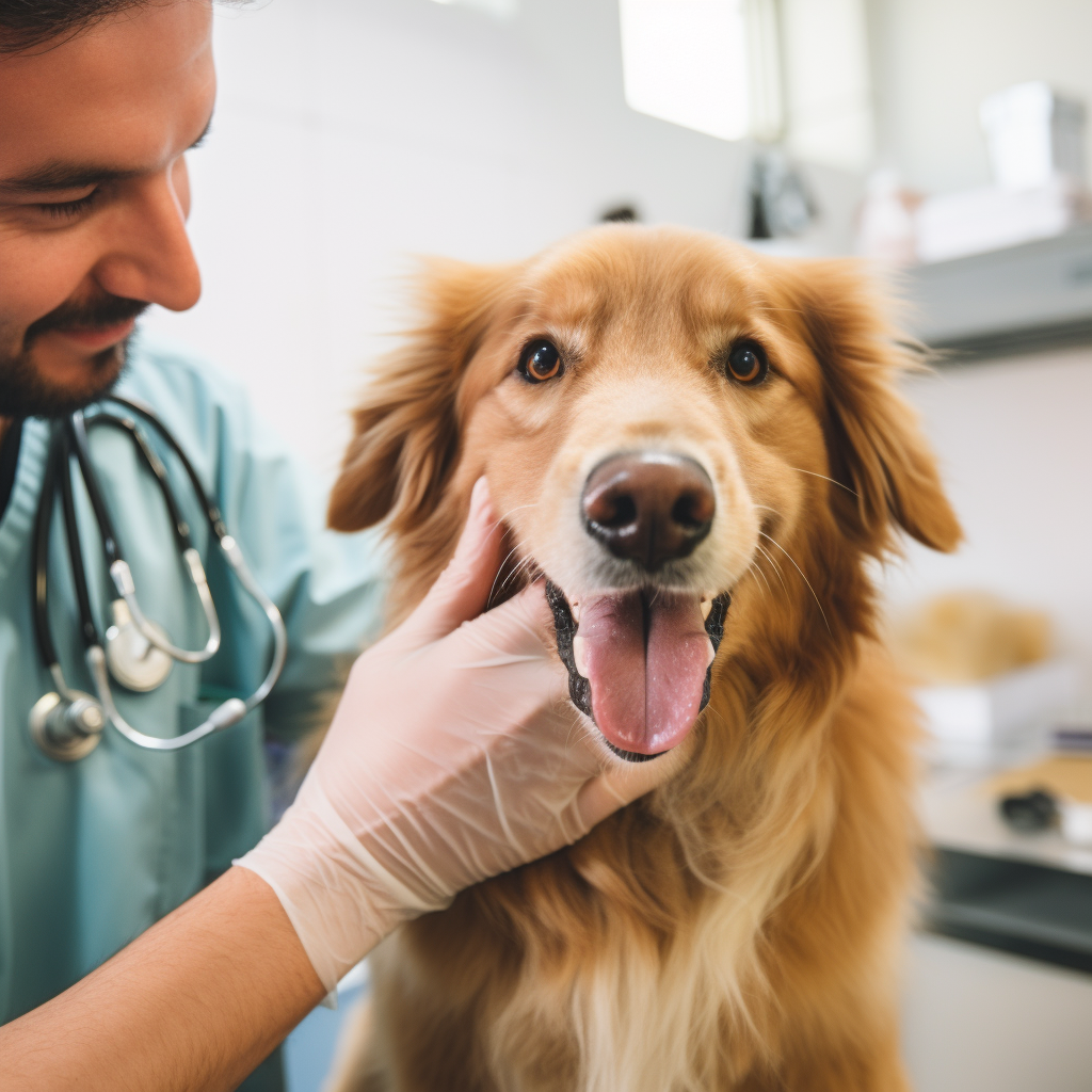 A male dog being held by a dog owner while a veterinarian is examining him