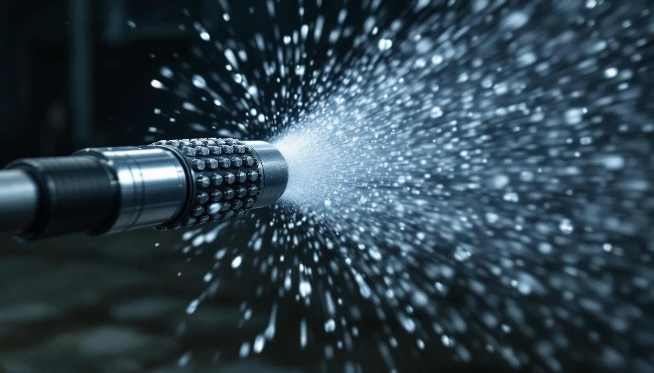 A close-up view of a professional hydro jetting nozzle is shown, spraying high-pressure water to effectively remove debris and grease from clogged drains and sewer lines. This advanced plumbing technique helps prevent blockages and ensures pipes are free of buildup, showcasing quality service for homeowners in plumbing emergencies.
