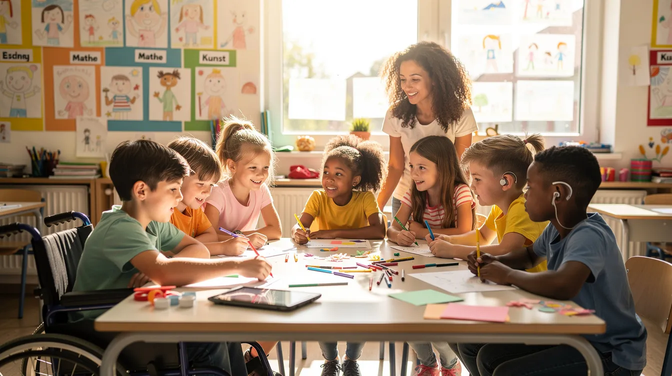 In einem hellen Klassenzimmer arbeiten Kinder unterschiedlicher Herkunft und mit unterschiedlichen Fähigkeiten gemeinsam an einem Projekt. Diese inklusive Lernumgebung fördert die Teilhabe aller Kinder und zeigt, wie wichtig Vielfalt in der Bildung ist.