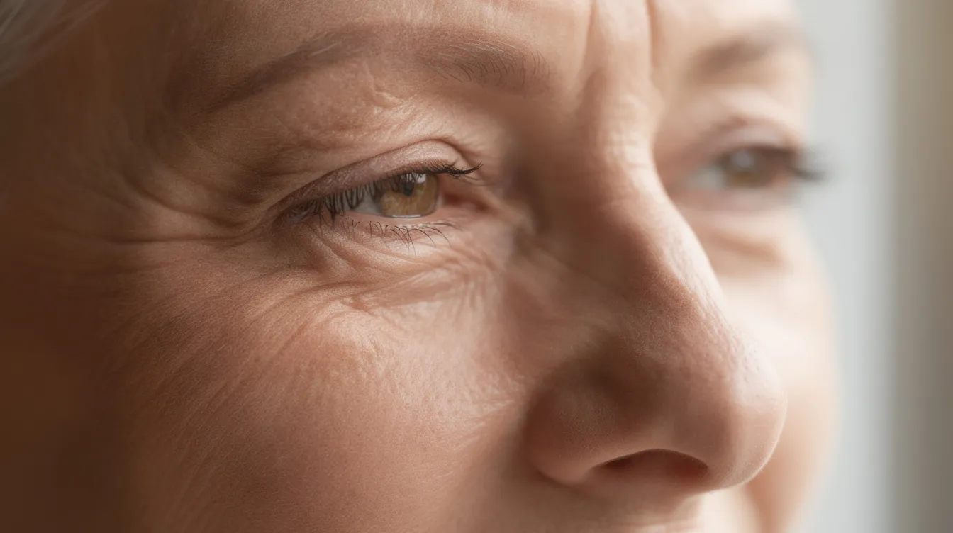 Primer plano del área alrededor de los ojos de una persona madura con una expresión serena, mostrando la piel suave y sin signos de hinchazón. La imagen destaca la belleza natural y la posible necesidad de una cirugía de párpados, como la blefaroplastia, para tratar el exceso de piel o la ptosis palpebral.