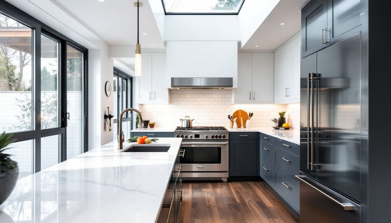 A modern kitchen featuring a freestanding oven with gas cooktop.