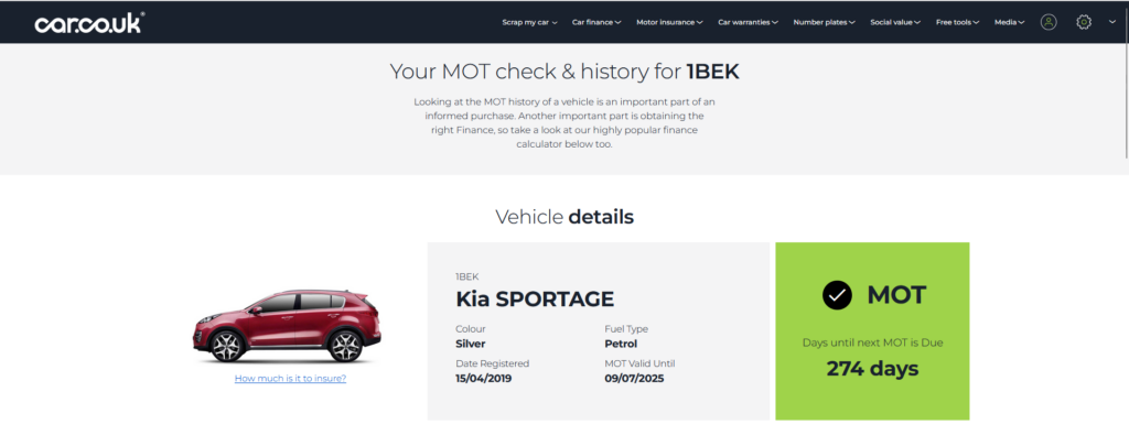 car.co.uk MOT Check result