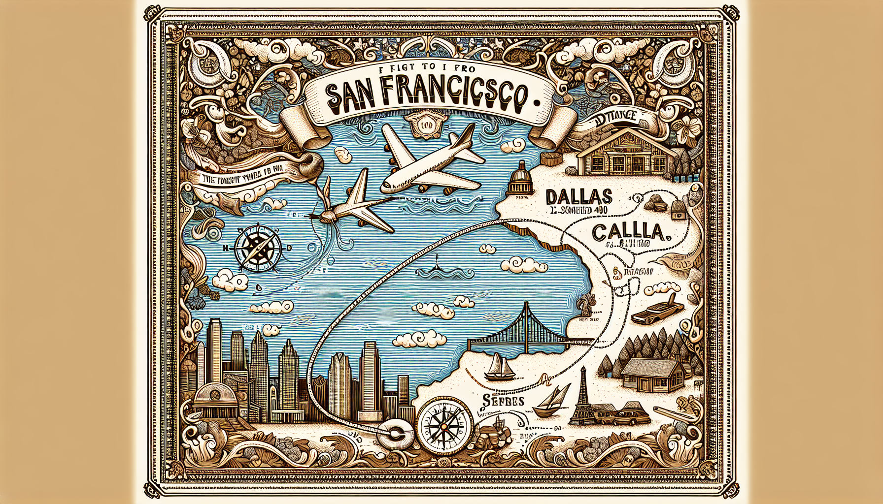 Illustration showing the distance and flight path from Dallas to San Francisco, with a map view.