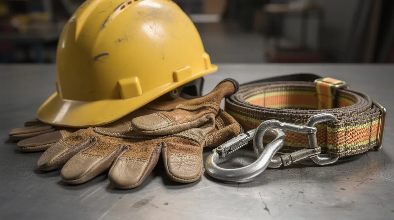 A close-up image showcases essential construction safety equipment, including a hard hat, work gloves, and a safety harness, all neatly arranged on a metal work surface. This visual emphasizes the importance of safety practices in the construction industry, highlighting key components of a company's safety program aimed at protecting workers and reducing workplace injuries.