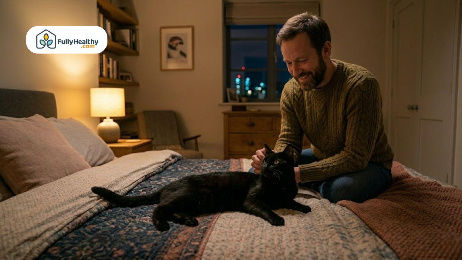 Man gently petting a relaxed black cat lying on a bed in a cozy bedroom setting.