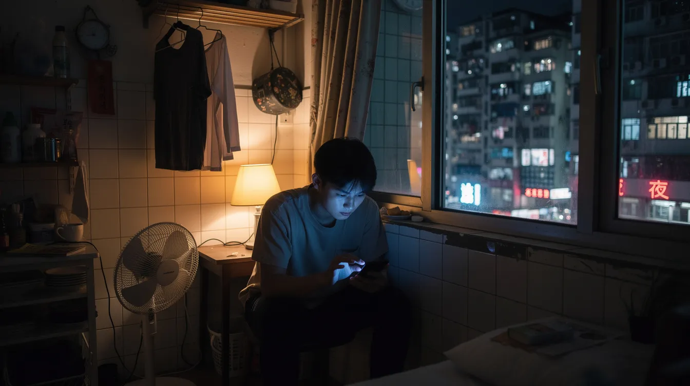 A person is sitting in a dimly lit Hong Kong apartment, intently checking their smartphone late at night, possibly looking for information on 小額 貸款 or the latest updates on their 貸款 申請. The atmosphere is quiet and focused, reflecting a moment of financial contemplation.