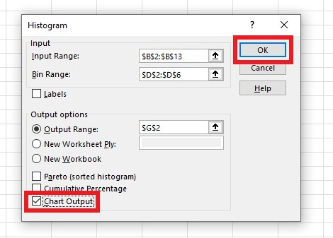 Check the Chart Output option to create an embedded Histogram chart and click OK.