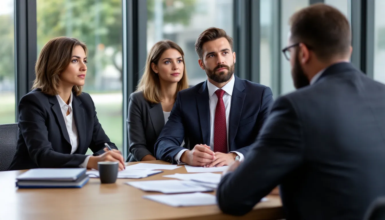 Een echtpaar heeft een professioneel gesprek met hun advocaat over het aanvragen van een scheiding. Ze bespreken de praktische gevolgen ervan, zoals de zorg voor minderjarige kinderen en de verdeling van het gezamenlijke vermogen.