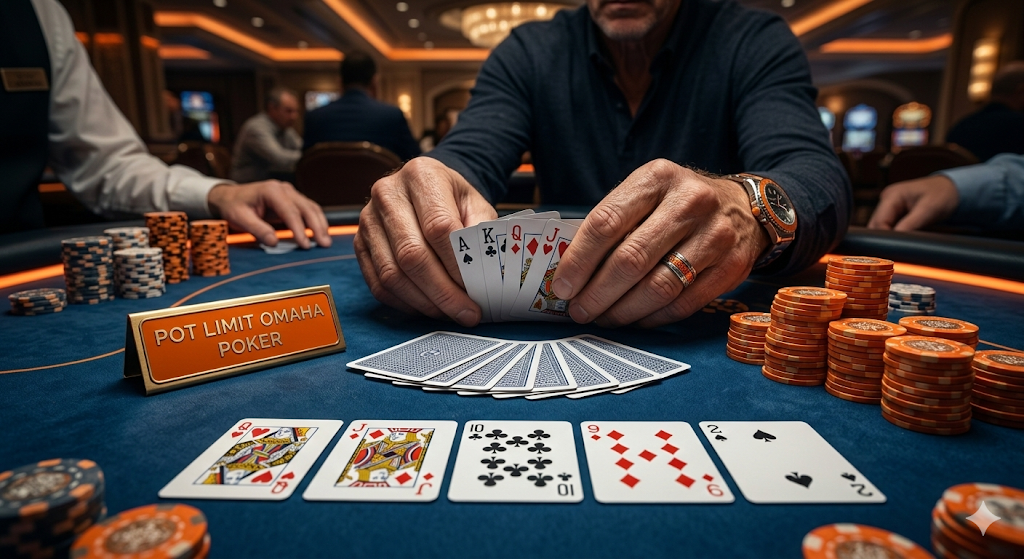 Speler die kaarten bekijkt tijdens een Pot Limit Omaha poker hand aan een pokertafel met fiches, een populaire variant van poker naast Texas Hold’em in online en live pokerrooms.