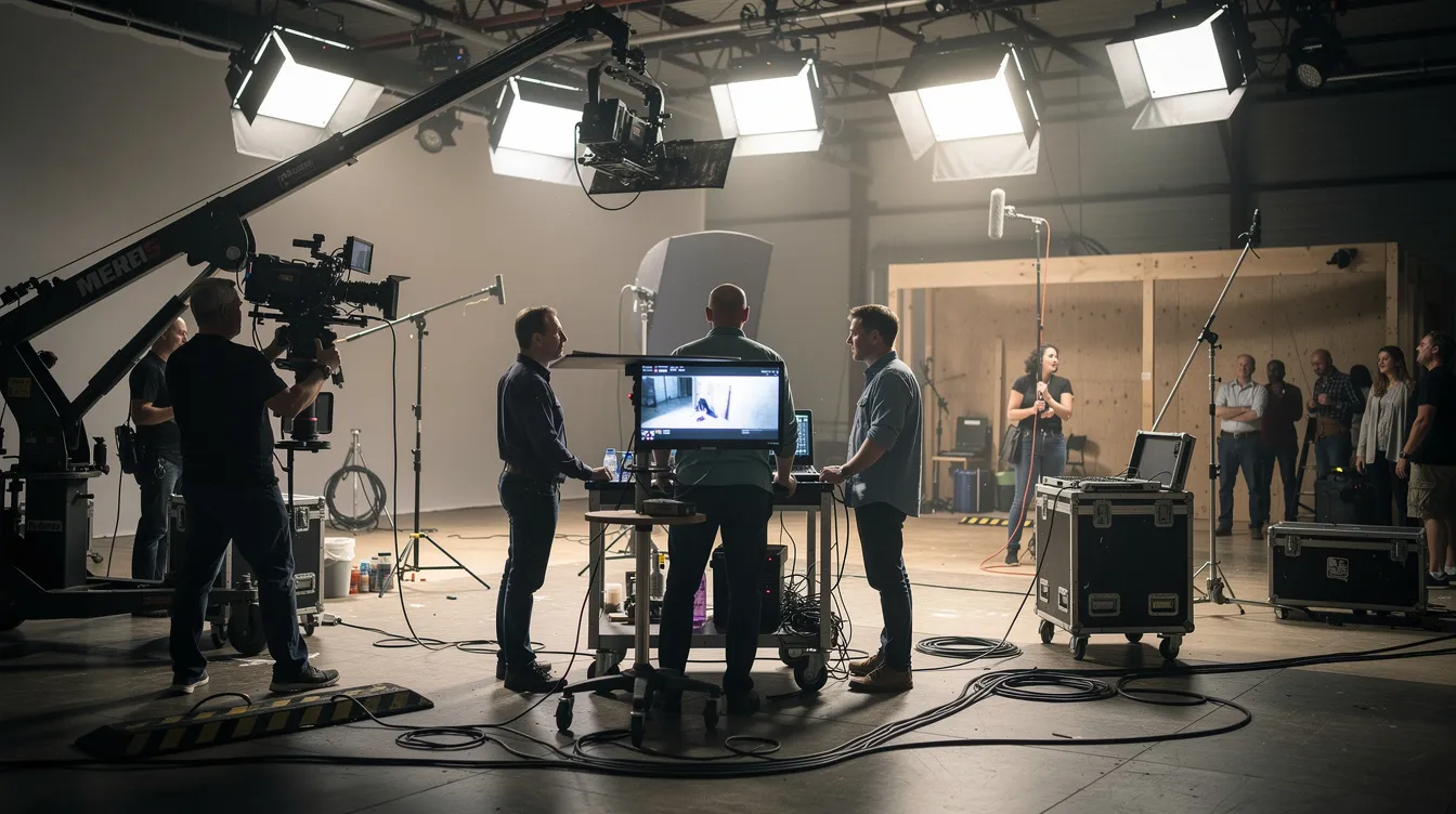 Ein Filmteam arbeitet intensiv an einem Set, das mit professioneller Beleuchtung und einem Kamerakran ausgestattet ist. Im Mittelpunkt steht der Regie-Monitor, während die Menschen im Team an der Erstellung von Markeninhalten für unterhaltsame Werbespots arbeiten.