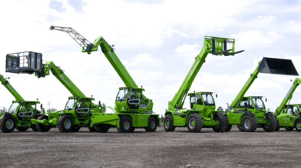 Phtograph showing telescopic wheel loaders with variety in lift height, lifting arm and bucket.