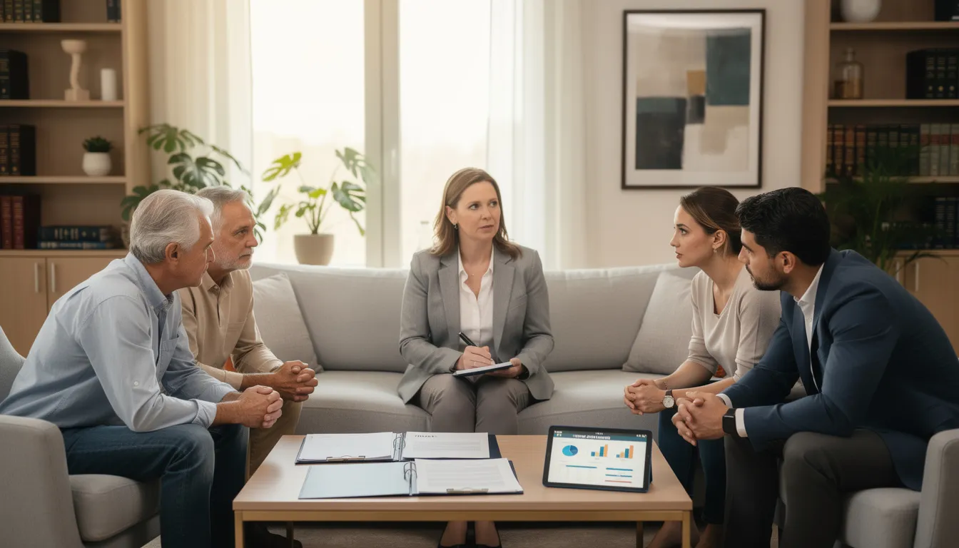 In a comfortable office setting, a family meeting takes place with a mediator helping to resolve trust disputes among family members. The atmosphere is calm as they discuss legal challenges related to estate planning and trust administration, seeking legal guidance to navigate their probate matters effectively.