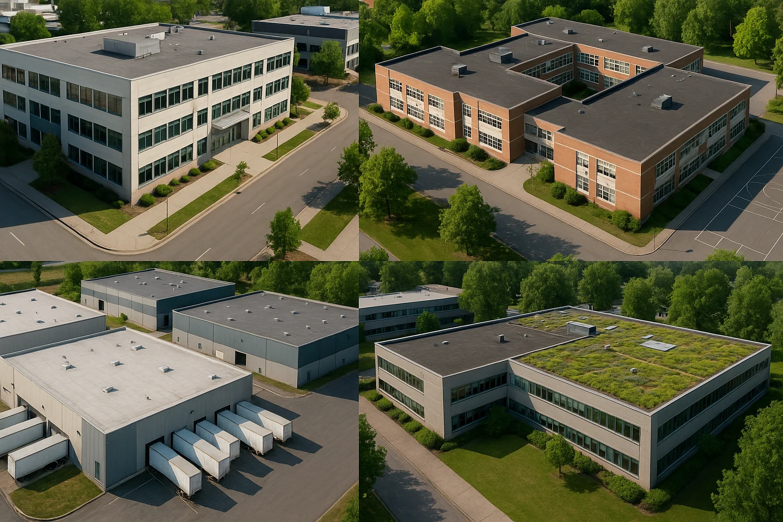 Bituminous membranes used across office blocks, schools, warehouses, and green and blue roofs.