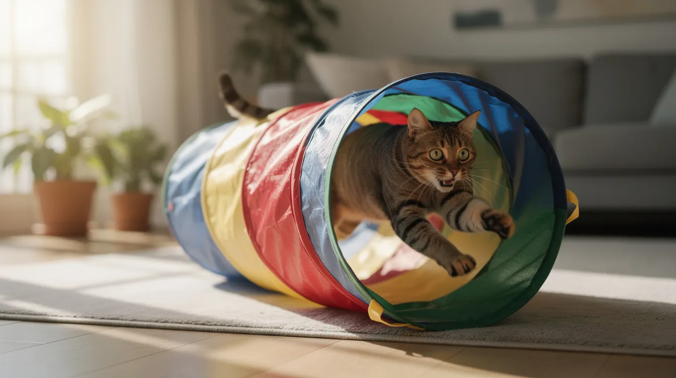 A playful tabby cat is mid-sprint through a vibrant, soft fabric cat tunnel in a bright apartment living room, showcasing the fun and excitement of cat play. The colorful tunnel, designed for indoor cats, features multiple openings for exploration and is perfect for chasing toys or hiding during playtime.