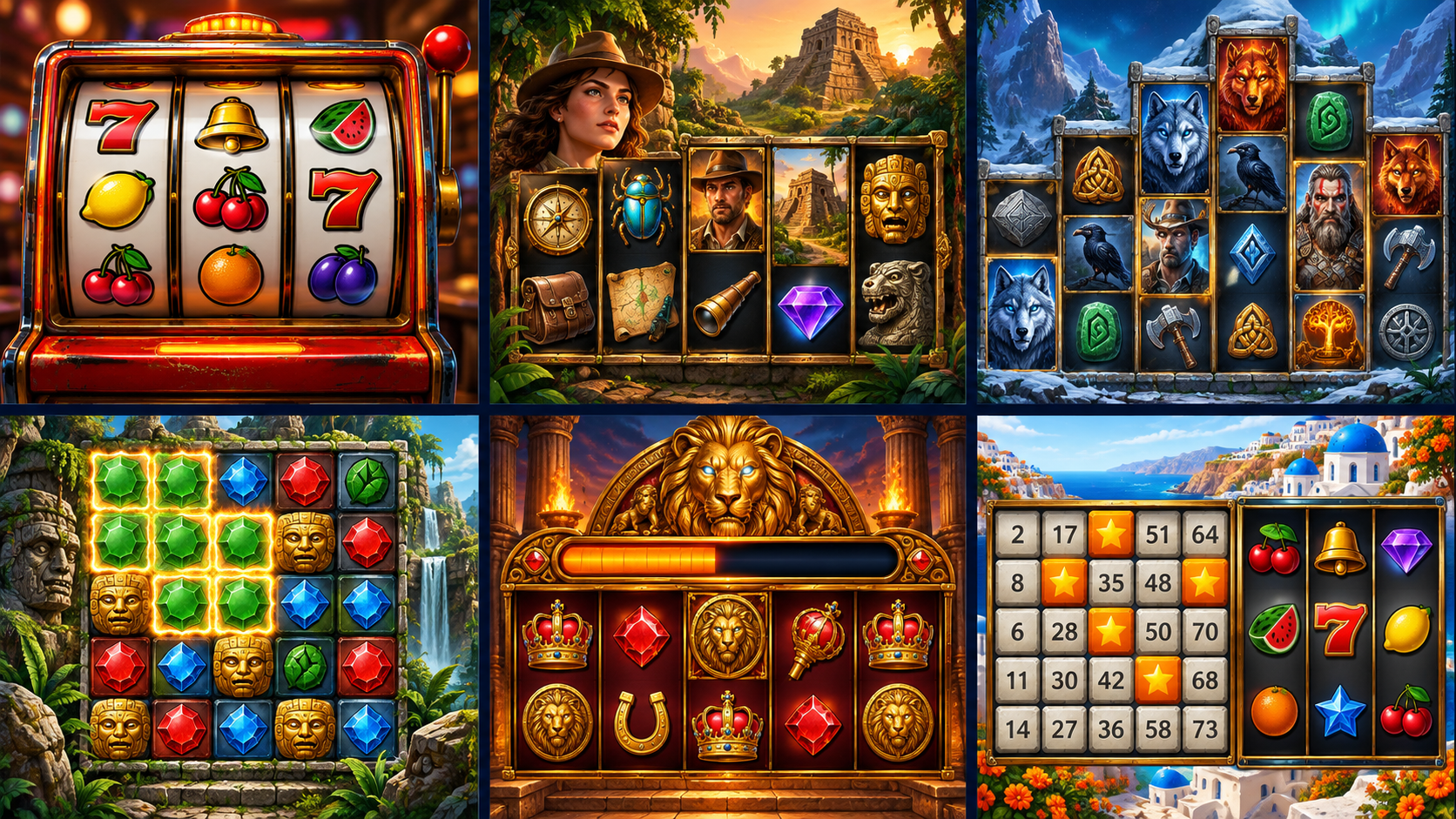 Verschillende soorten online slots met klassieke gokkasten, avonturenspellen, Megaways en andere spelmechanismen.