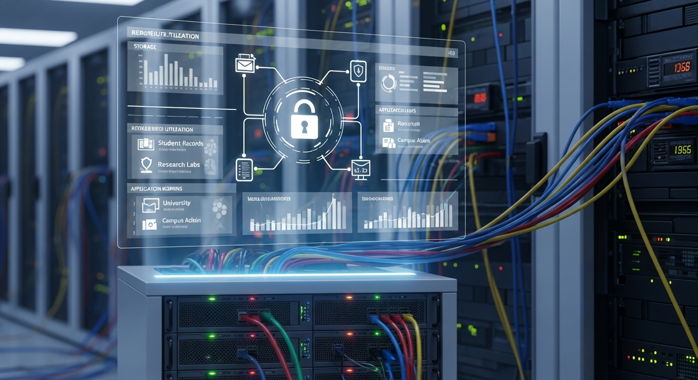 University cloud infrastructure managing storage, applications, and virtual environments with centralized security controls.