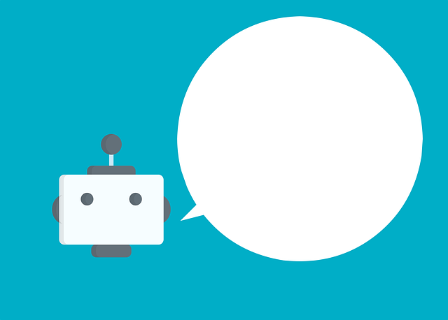 Illustration of a robot with an empty speech bubble on a blue background