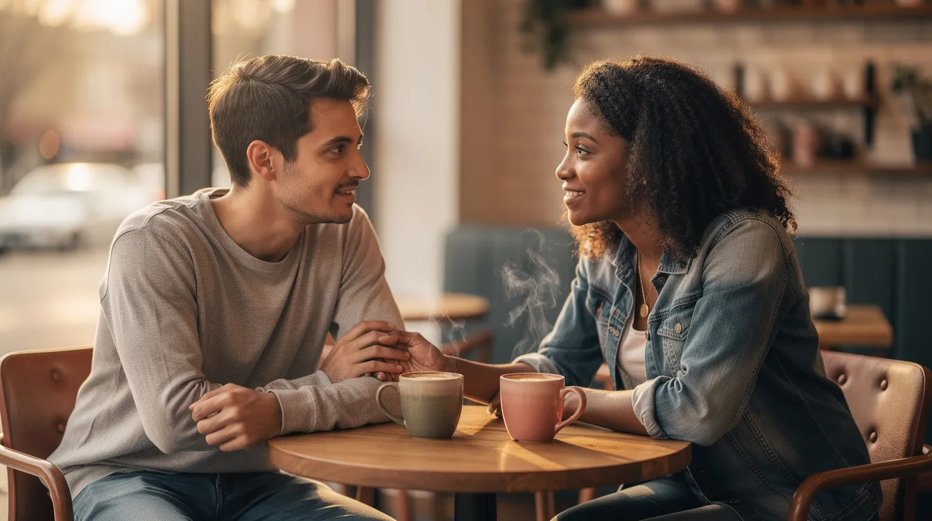 The image shows two people sitting at a café table, engaged in a supportive conversation while sipping coffee. Their body language suggests a deep connection, as they share advice and concerns, possibly about topics like gambling addiction and the importance of self-exclusion from online gambling sites.