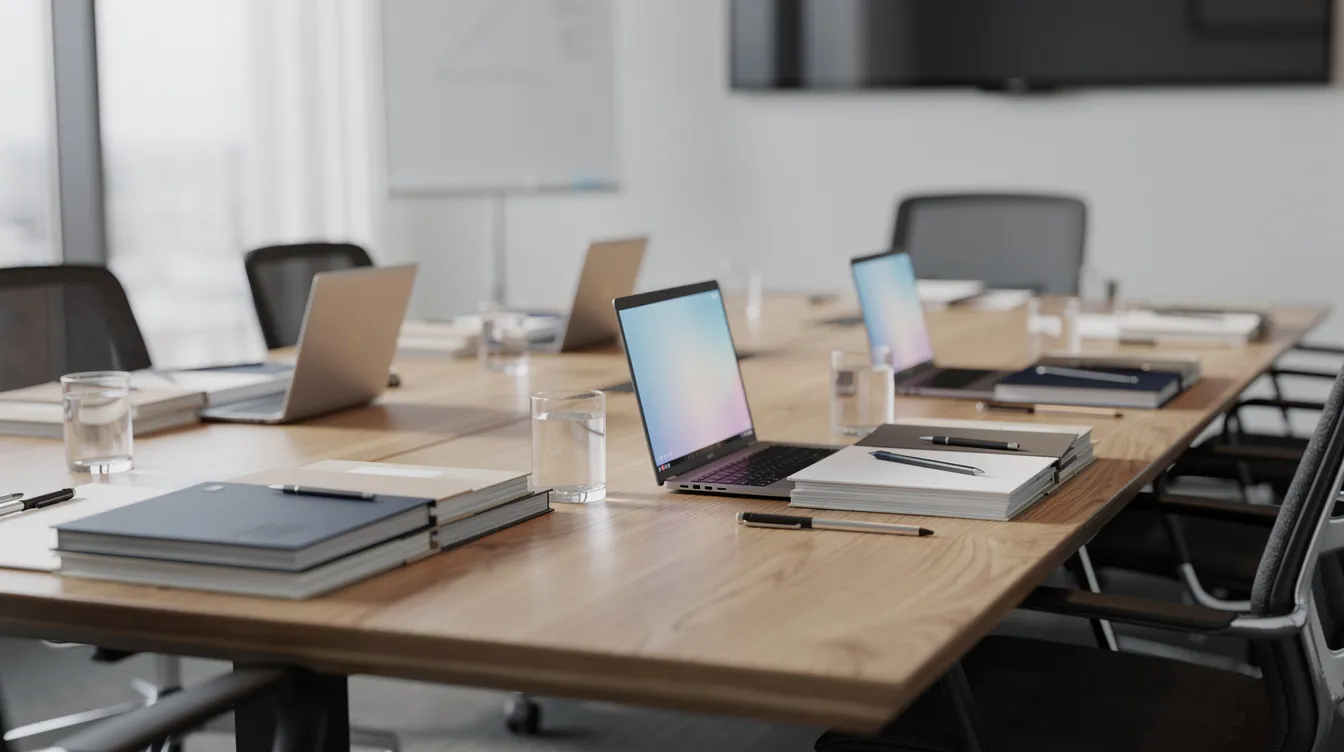 The image shows a conference room table neatly arranged with organized folders and several laptop computers, suggesting a setting for discussions related to financial audits and regulatory compliance in housing and urban development. This environment is likely focused on ensuring accurate financial reporting and adherence to HUD regulations.
