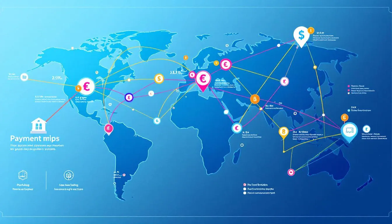 The image depicts a world map showcasing interconnected payment networks, highlighted by various currency symbols representing multiple currencies used in international payments. This visual emphasizes the importance of forex merchant accounts and tailored payment solutions for facilitating global transactions in the forex industry.