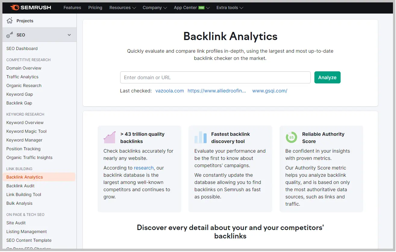 SEM Rush Backlink Analytics web page
