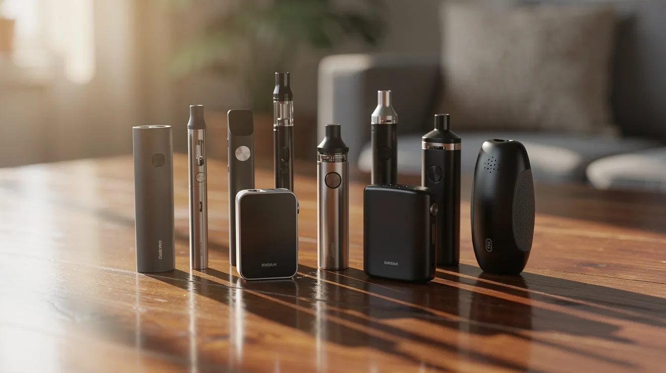 Das Bild zeigt eine ansprechende Anordnung verschiedener tragbarer Vaporizer, darunter der Arizer Solo 3 und der POTV V3 Pro, auf einem Holztisch, beleuchtet von warmem Sonnenlicht. Diese tragbaren Vaporizer sind ideal für Benutzer, die nach einem einfachen und benutzerfreundlichen Gerät suchen, um die besten Aromen von trockenen Kräutern zu genießen.