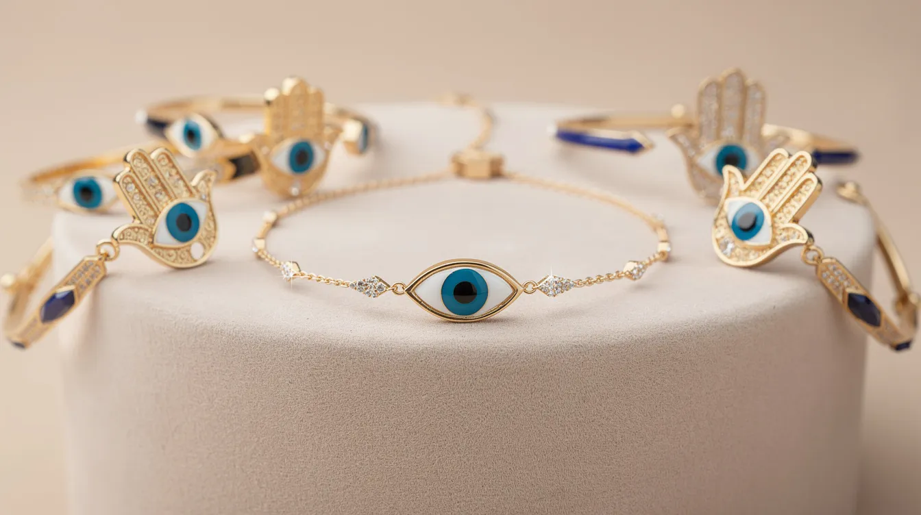 The image showcases a stunning evil eye jewellery collection, featuring an anklet adorned with glass beads and a Hamsa hand symbol, which is believed to offer protection against evil spirits. Each piece combines contemporary style with meaningful symbolism, making them perfect for layering or as a thoughtful gift for loved ones.