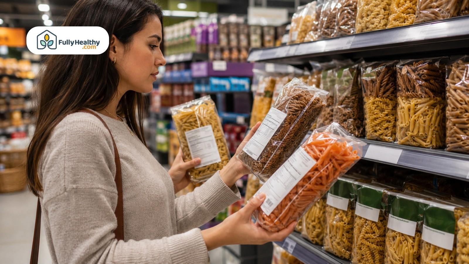 Shopper comparing pasta nutrition labels among whole-grain, regular, and vegetable varieties
