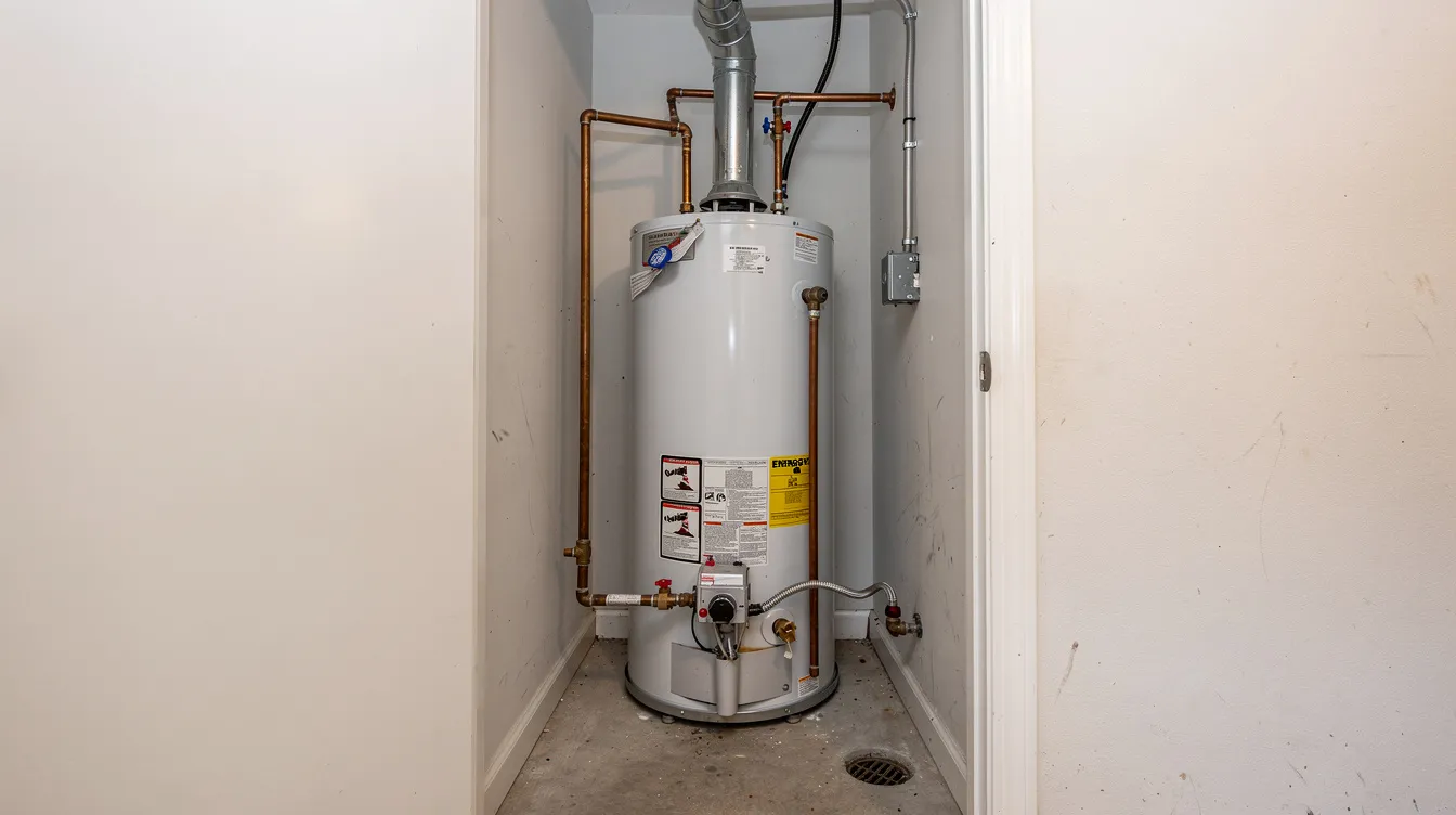 The image shows a residential tank water heater installed in a utility closet, with visible plumbing pipes and connections. This setup is essential for the home's plumbing system, providing hot water and supporting various plumbing fixtures throughout the house.