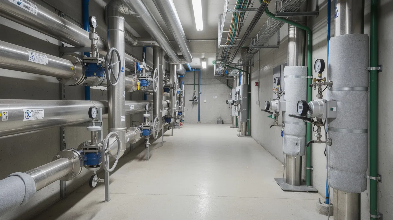 The image depicts a realistic water treatment plant with intricate piping systems used for wastewater management, highlighting advanced treatment processes and technologies that contribute to improving water quality and resource recovery. The scene emphasizes the importance of sustainable water treatment practices in addressing global water scarcity and regulatory pressures.