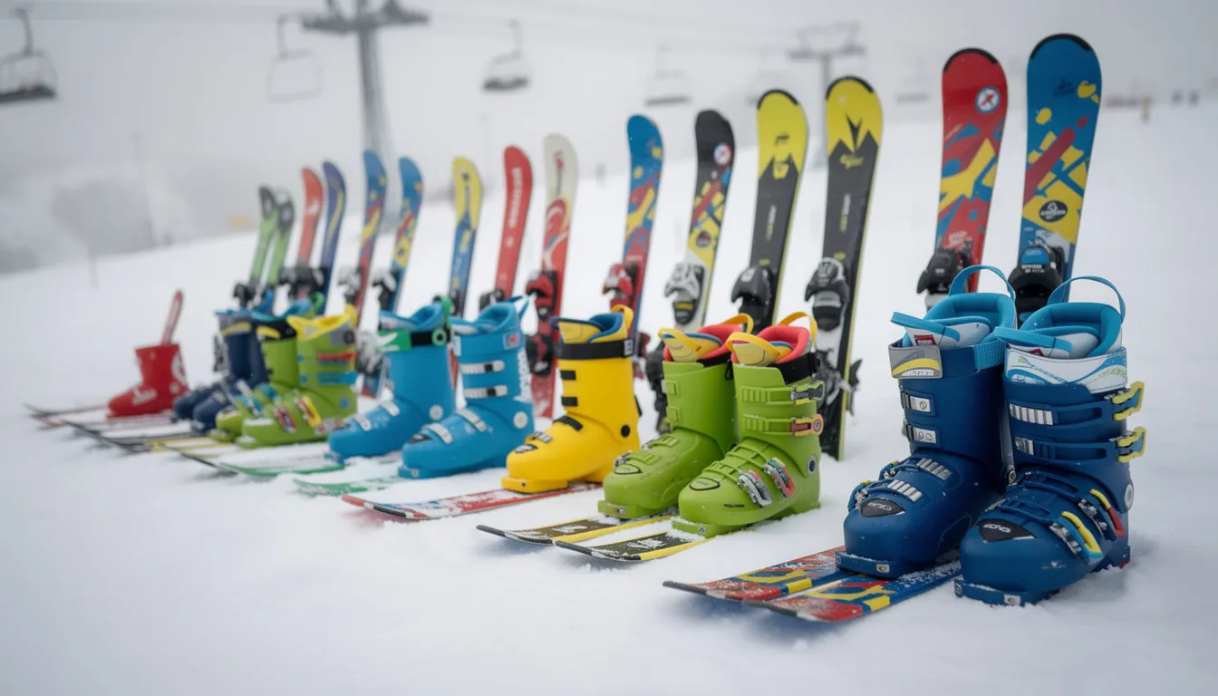 Eine Reihe von Kinderski und Skischuhen in verschiedenen Größen steht nebeneinander aufgereiht, bereit für die Skifreizeit der Schulklassen im Zillertal. Diese Ausrüstung ist perfekt für Anfänger und sorgt für viel Spaß auf den Pisten während der Klassenfahrt.