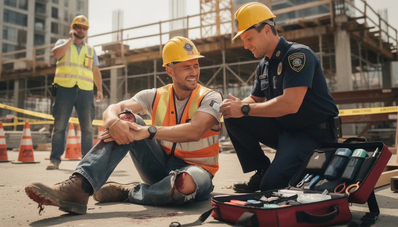 A construction worker is receiving medical treatment after a workplace accident, surrounded by medical staff who are providing care for his injuries. This scene highlights the importance of workers compensation benefits for injured workers seeking help with medical expenses and recovery.