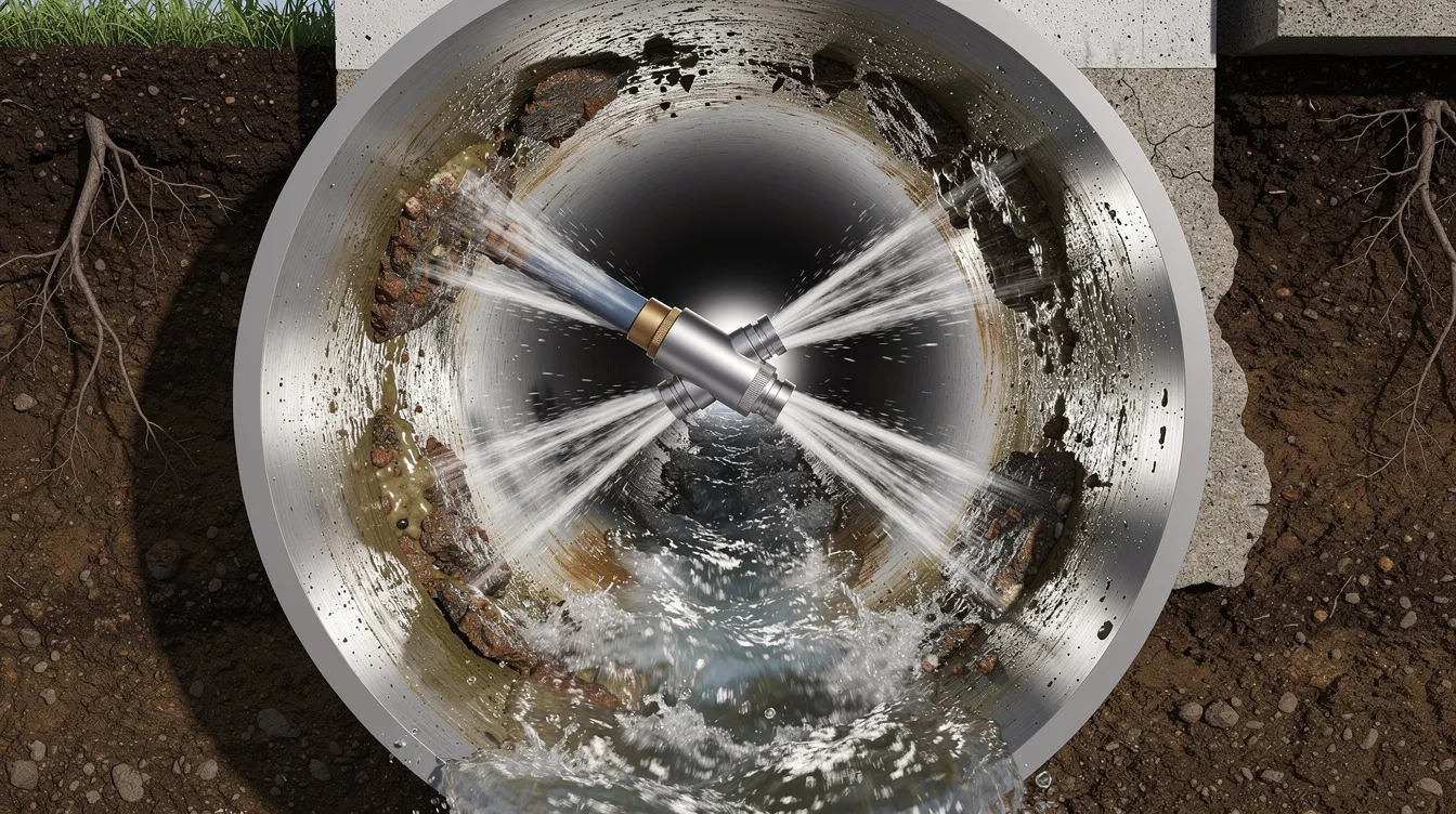 A high-pressure hydro-jetting nozzle is actively clearing debris from inside a residential sewer pipe, showcasing the effectiveness of emergency plumbing services in addressing clogged drains and maintaining the home's plumbing system. The scene highlights the essential role of certified plumbers in ensuring proper drainage and preventing plumbing emergencies.