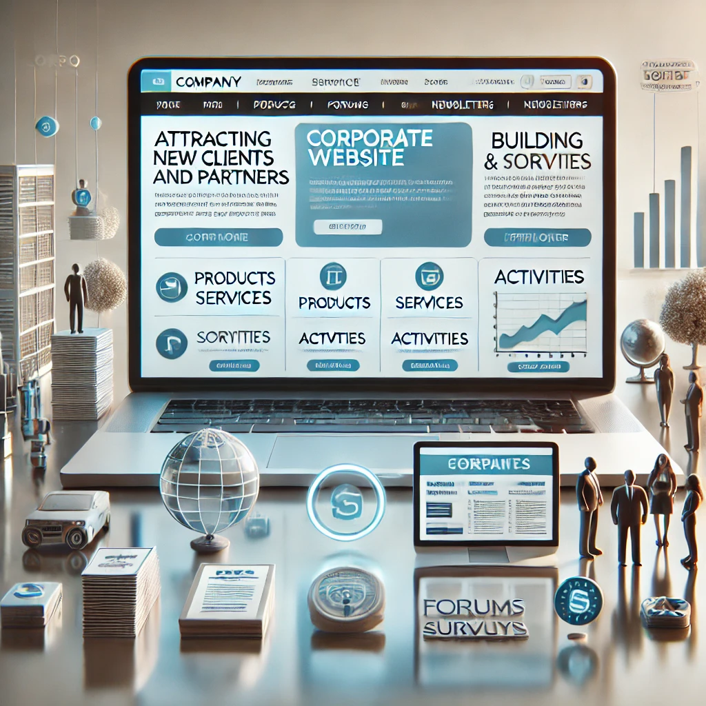 Sitio web corporativo con secciones de productos, servicios, costos y actividades, íconos de foros, encuestas y boletines. | Posiciona.Digital