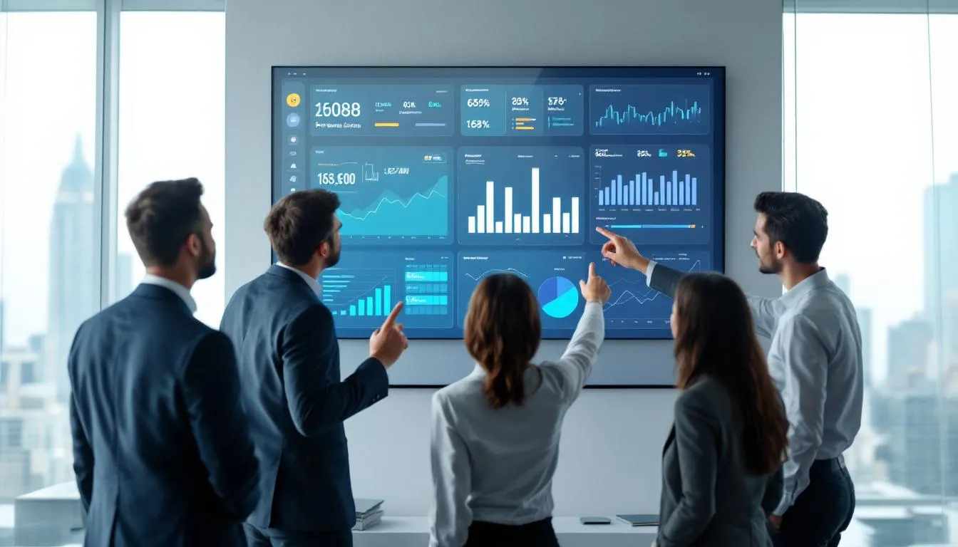 A diverse team of professionals is gathered around a large performance dashboard, analyzing data and discussing insights to enhance organizational performance and employee engagement. This collaborative environment reflects their commitment to developing leadership skills and fostering a culture of effective leadership within the organization.