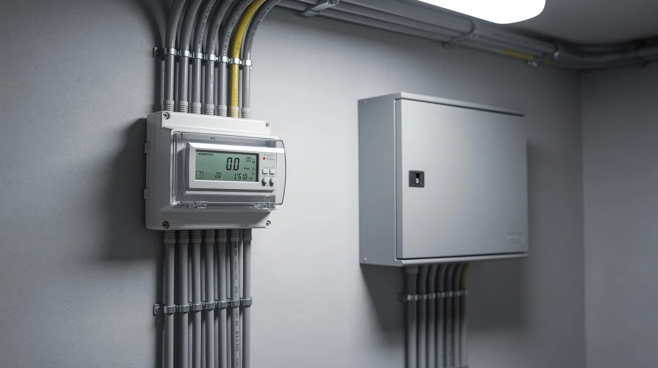 Das Bild zeigt einen digitalen Stromzähler, der an einer Wand in einem Hausanschlussraum montiert ist. Der Zähler hat ein modernes Design und zeigt die aktuellen Verbrauchswerte an.
