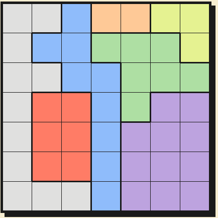 Animated walkthrough solving a larger queens puzzle grid by chaining forced placement, region elimination, and row-column forcing techniques